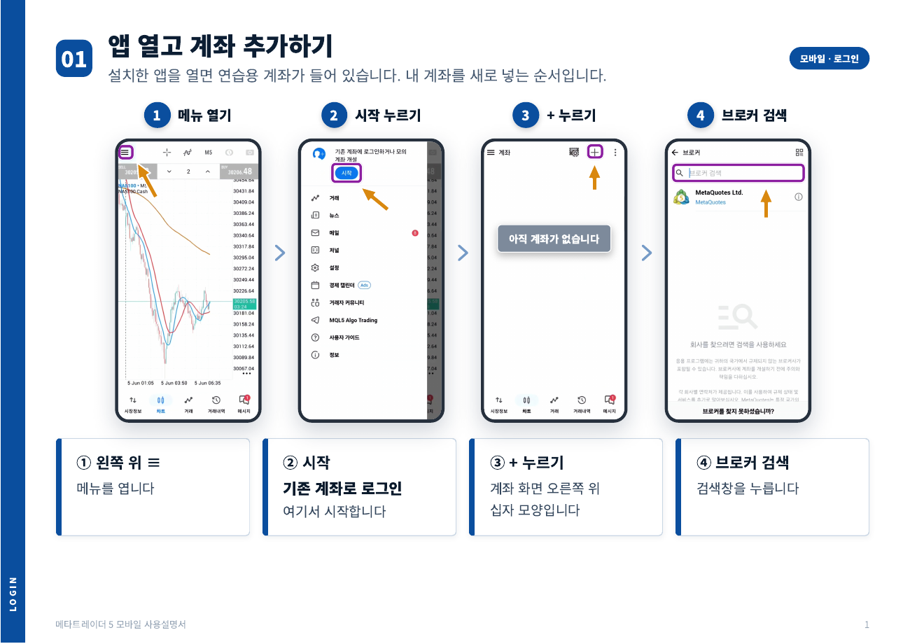 모바일 설명서의 계좌 추가와 브로커 검색 순서